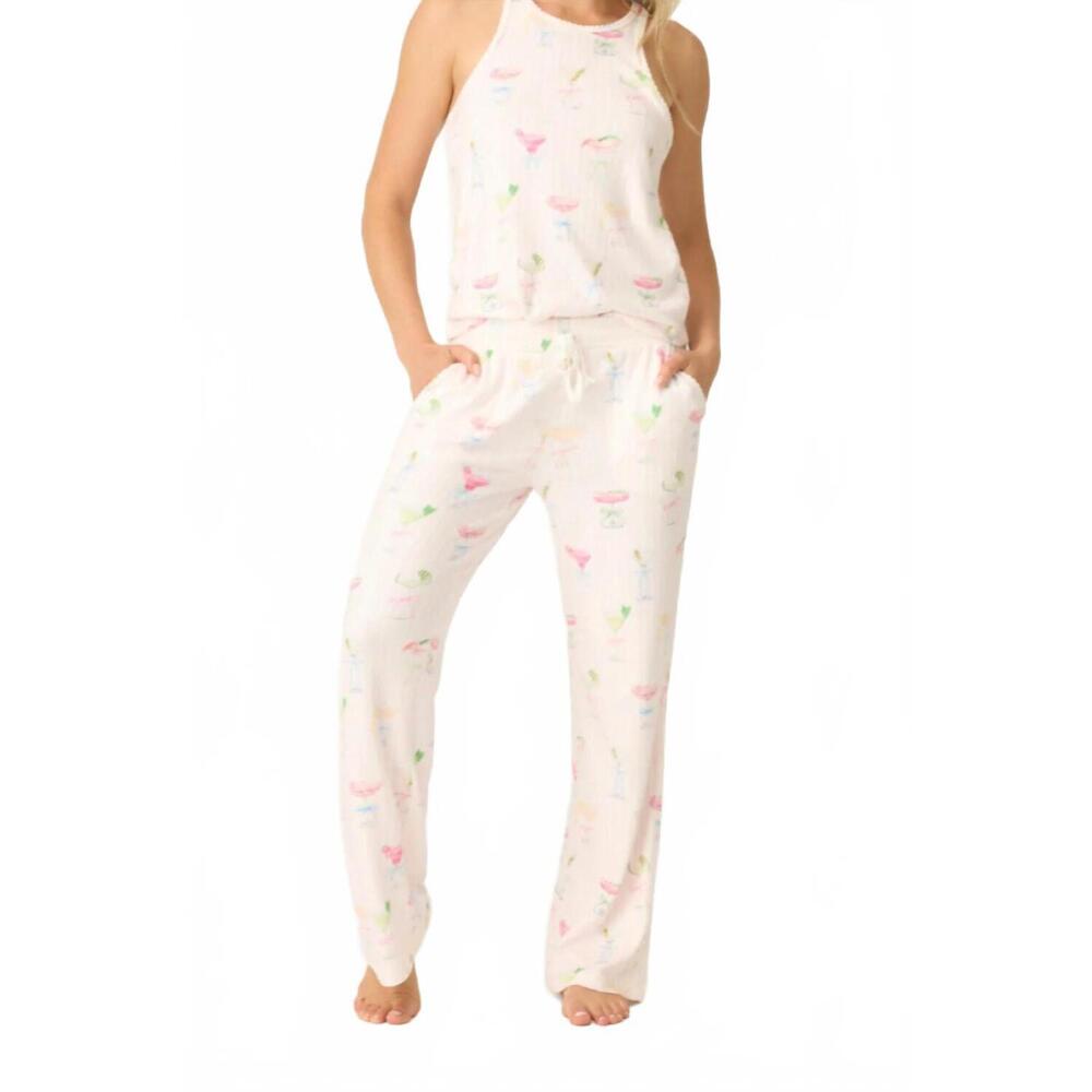 PJ Salvage Cream Pajama Tank & Pants Set with Pink & Green Cocktail Print